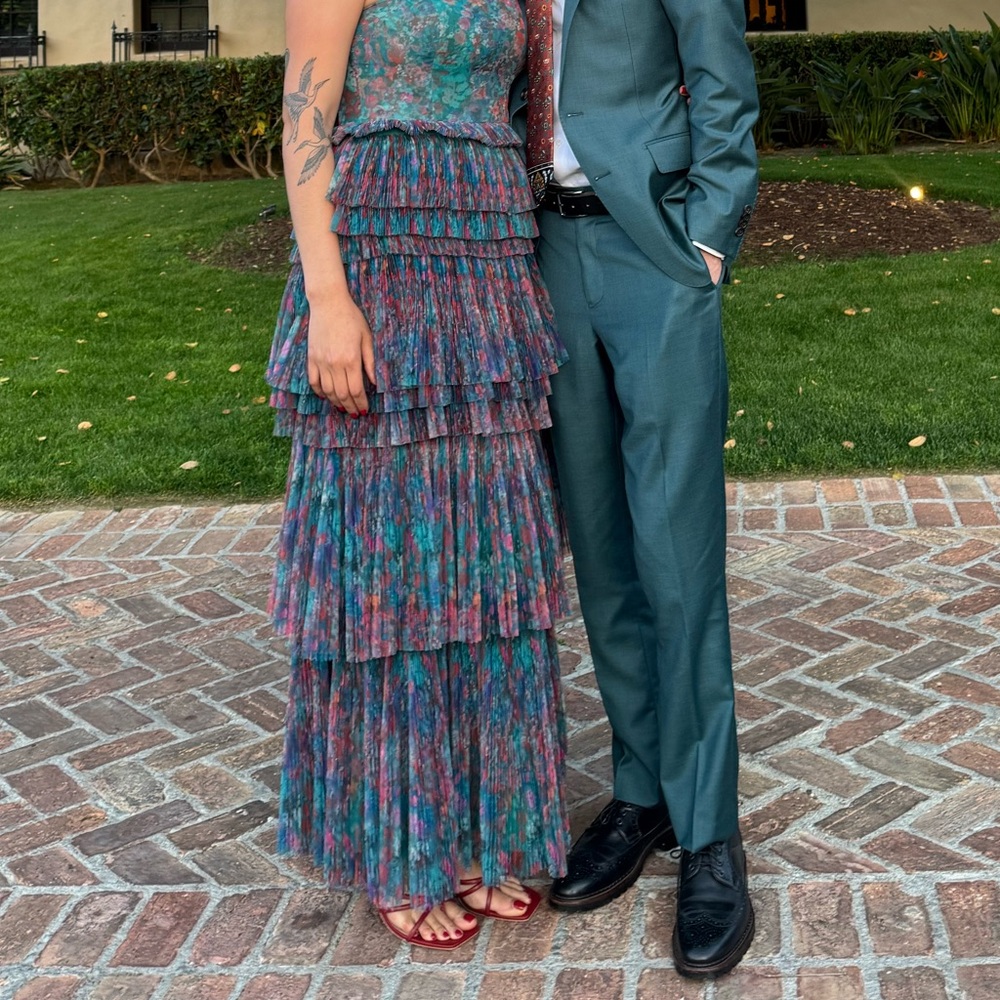 Hutch Strapless Tiered Floral Gown in Teal and Rust